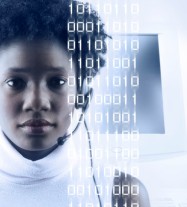 image of call centre agent with data superimposed